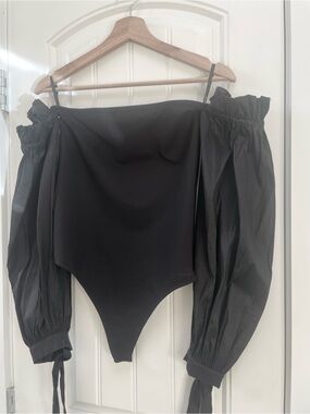 Majorelle Black Off-Shoulder Puff Sleeve Bodysuit